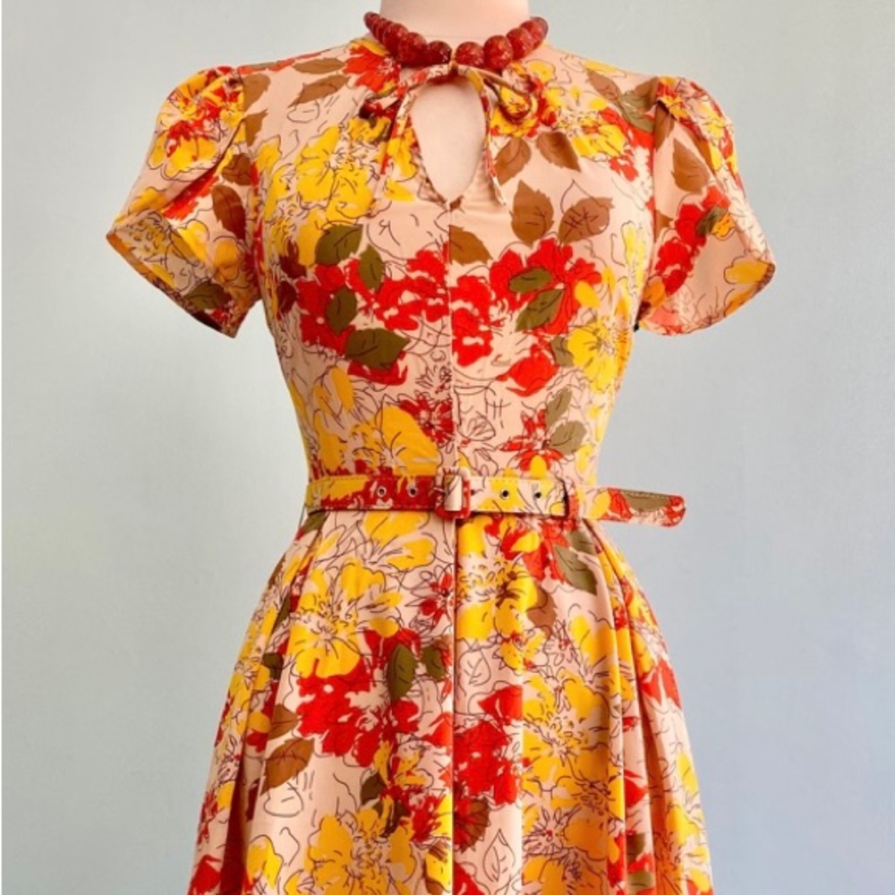 Unique Vintage Floral Midi Dress - Red, Yellow, Brown